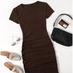 NWOT SHEIN Brown Drawstring Side Rib Knit Bodycon Full Length Dress Size L